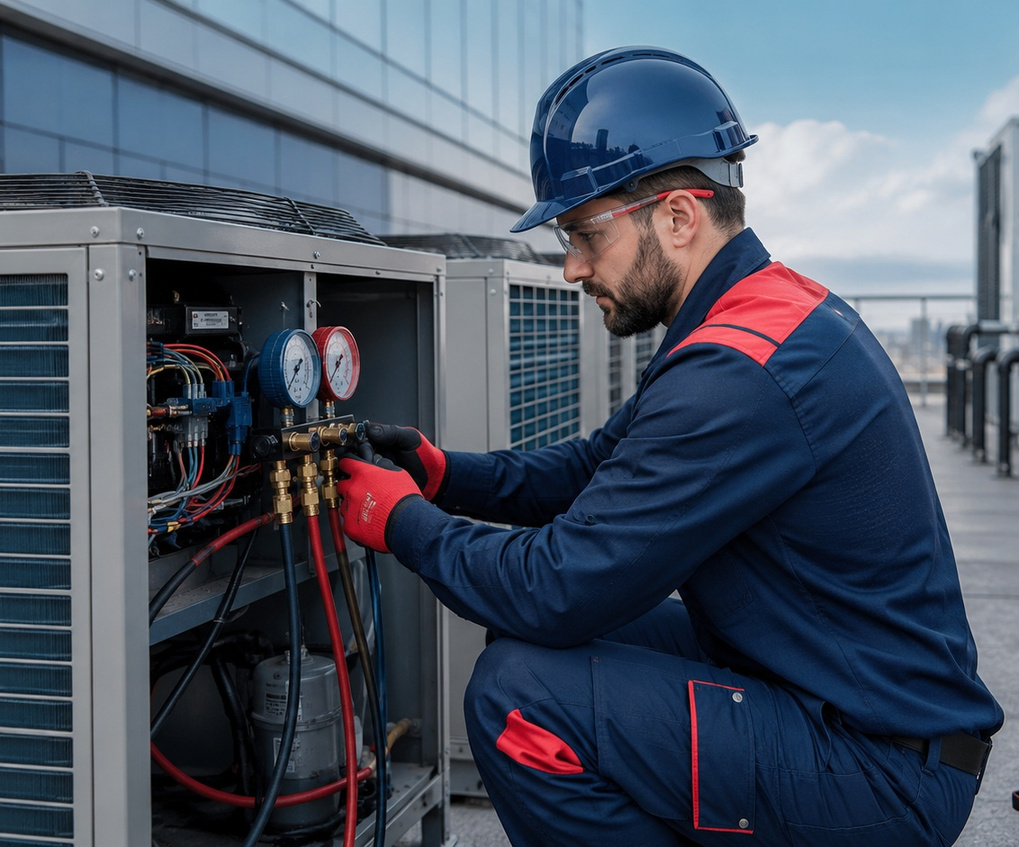 Técnico trabajando en sistema de aire acondicionado